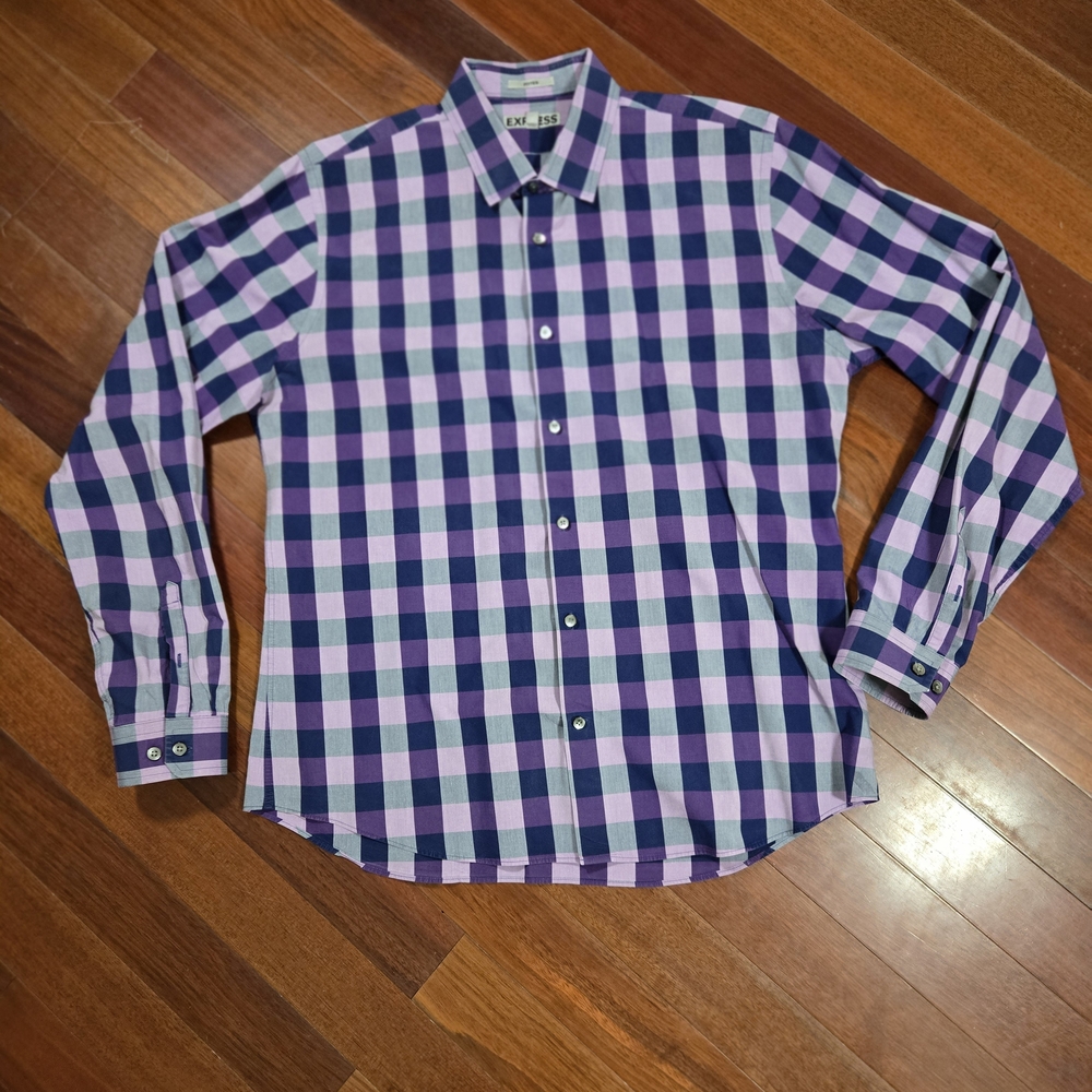 Express Fitted Men's Checkered Buttondown Shirt in Purple Pink XLarge 17-17.5